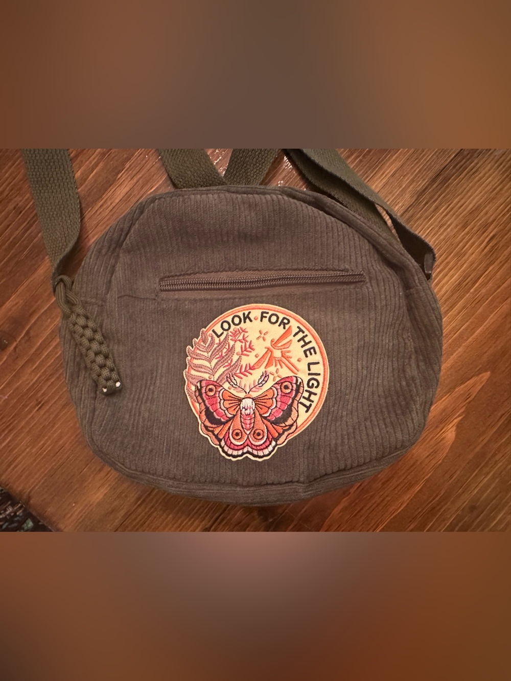 Olive Green Corduroy Crossbody Bag with Butterfly Patch